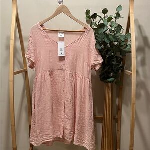 NWT Jillian Harris + PRIV 100% Linen Pink Short Sleeve Boho Dress